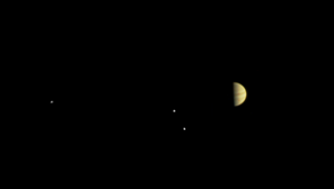 JunoCam image of Jupiter and its 3 largest moons (Ganymede, Io, and Europa), closing in from 6 million kilometers